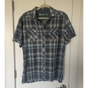 Kuhl Men's Large Konquer Blue Gray Pearl Snap Outdoor Casual Hiking Shirt 7152